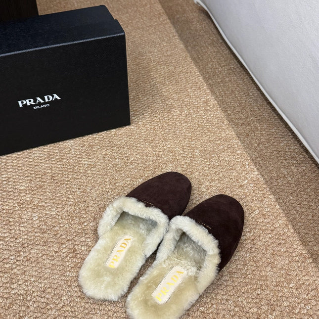 PRADA 26S SHEARLING MULE SLIPPERS IN CHOCOLATE BROWN SUEDE