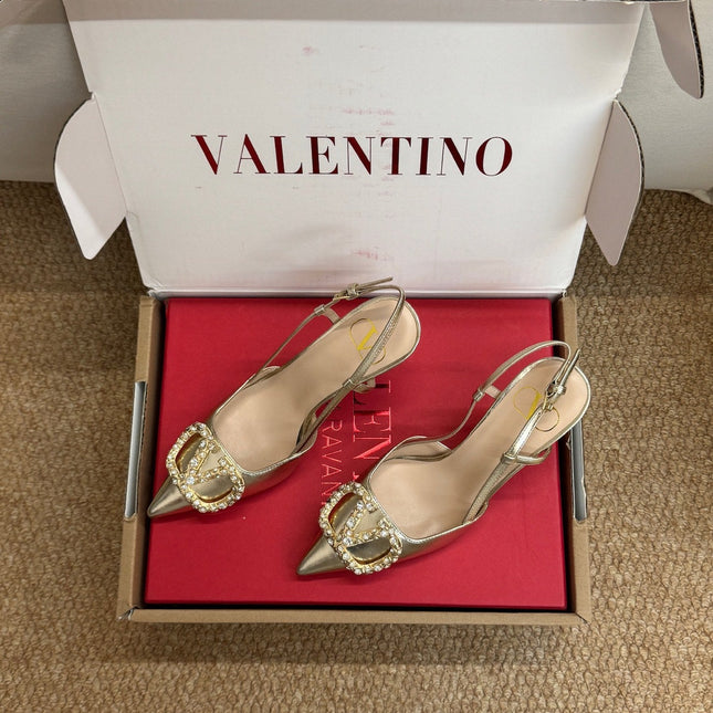 VALENTINO 26S HIGH HEEL SLINGBACKS IN METALLIC GOLD CALFSKIN WITH CRYSTAL