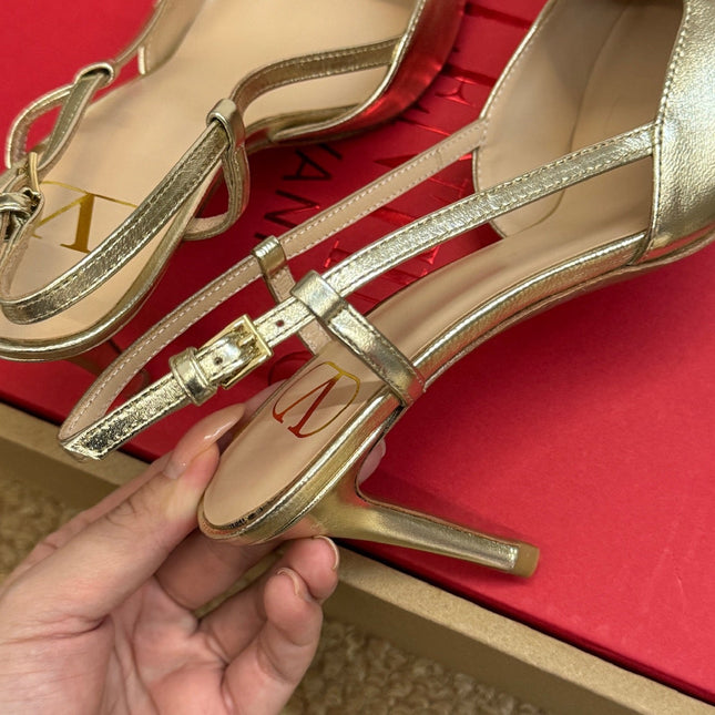 VALENTINO 26S HIGH HEEL SLINGBACKS IN METALLIC GOLD CALFSKIN WITH CRYSTAL