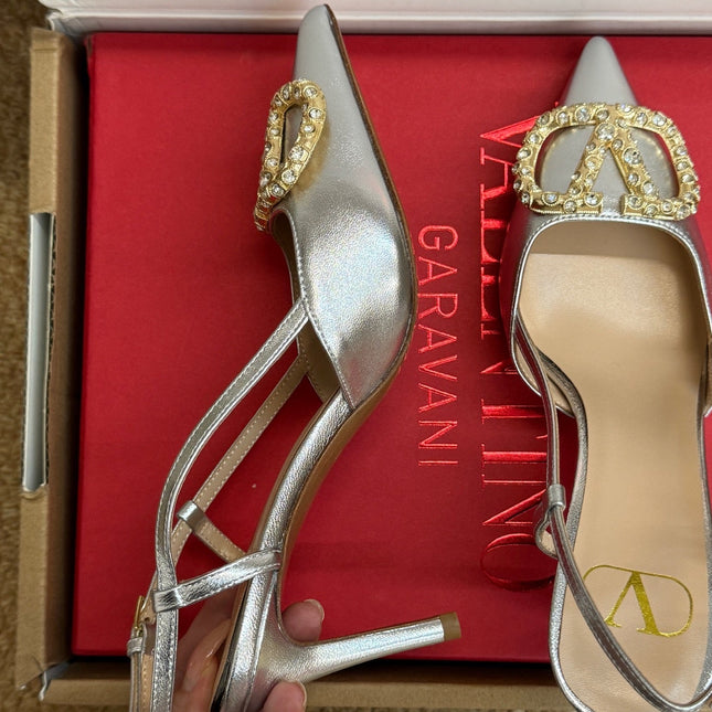VALENTINO 26S HIGH HEEL SLINGBACKS IN METALLIC SILVER CALFSKIN WITH CRYSTAL