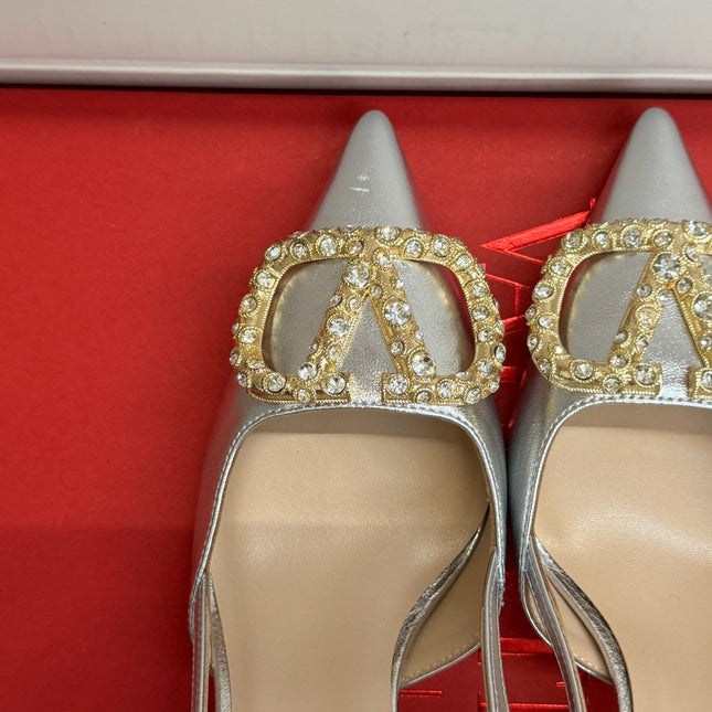 VALENTINO 26S HIGH HEEL SLINGBACKS IN METALLIC SILVER CALFSKIN WITH CRYSTAL