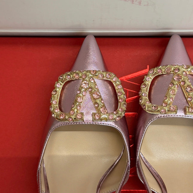 VALENTINO 26S HIGH HEEL SLINGBACKS IN METALLIC PINK CALFSKIN WITH CRYSTAL