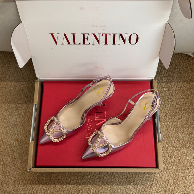 VALENTINO 26S HIGH HEEL SLINGBACKS IN METALLIC PINK CALFSKIN WITH CRYSTAL