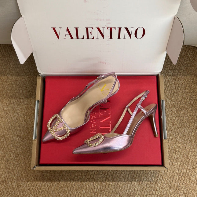 VALENTINO 26S HIGH HEEL SLINGBACKS IN METALLIC PINK CALFSKIN WITH CRYSTAL