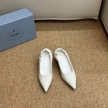 PRADA 26S POINTED TOE PUMPS 50MM IN WHITE CALFSKIN
