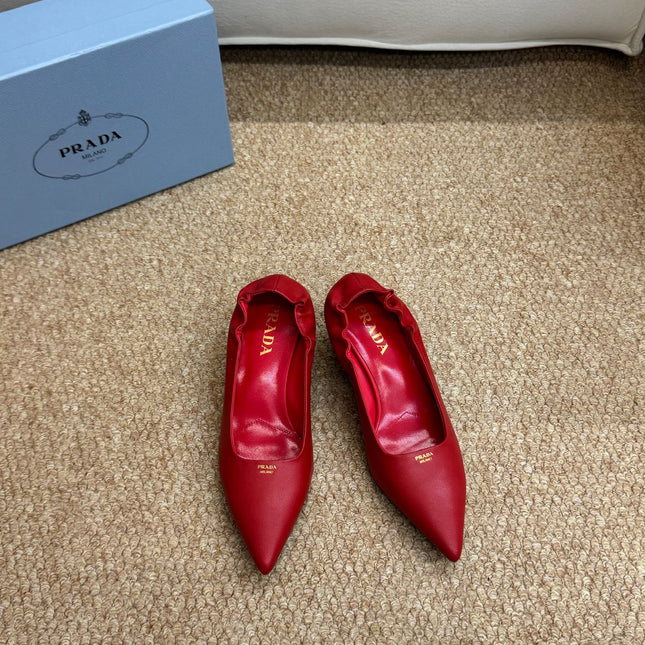 PRADA 26S POINTED TOE PUMPS 50MM IN RED CALFSKIN