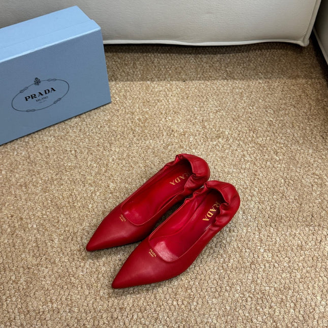 PRADA 26S POINTED TOE PUMPS 50MM IN RED CALFSKIN