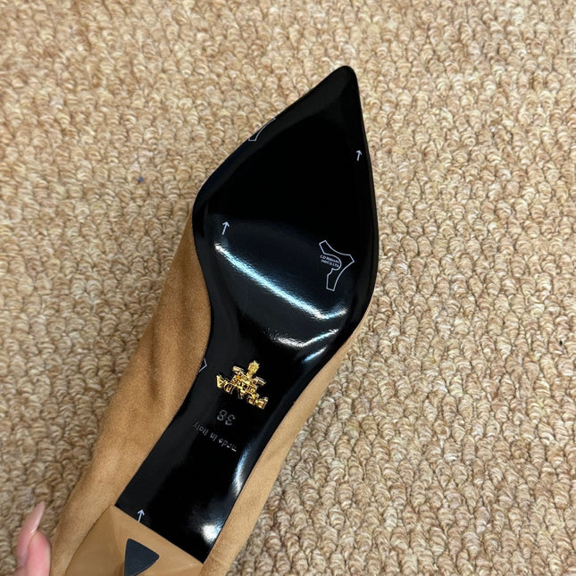 PRADA 26S POINTED TOE PUMPS 50MM IN BROWN SUEDE