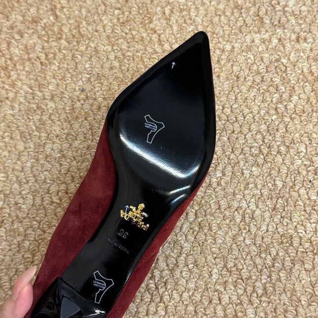 PRADA 26S POINTED TOE PUMPS 50MM IN DARK RED SUEDE