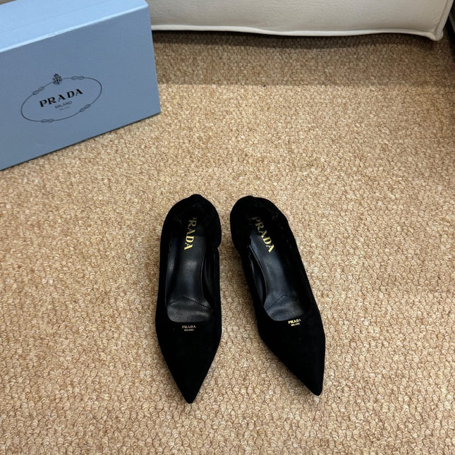 PRADA 26S POINTED TOE PUMPS 50MM IN BLACK SUEDE