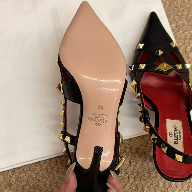 VALENTINO 26S ROCKSTUD SLINGBACK HEELS IN BLACK CALFSKIN