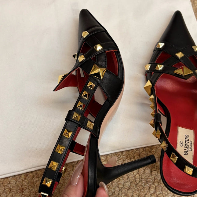VALENTINO 26S ROCKSTUD SLINGBACK HEELS IN BLACK CALFSKIN