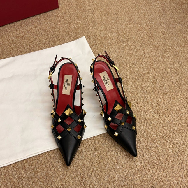 VALENTINO 26S ROCKSTUD SLINGBACK HEELS IN BLACK CALFSKIN