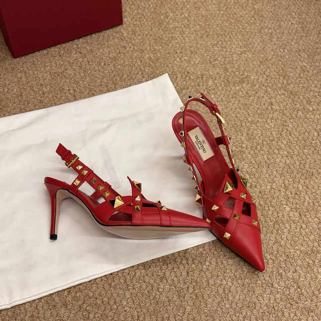 VALENTINO 26S ROCKSTUD SLINGBACK HEELS IN RED CALFSKIN