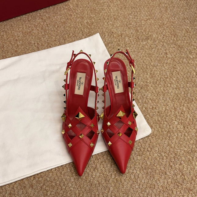 VALENTINO 26S ROCKSTUD SLINGBACK HEELS IN RED CALFSKIN