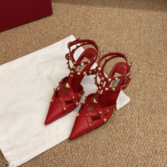 VALENTINO 26S OCKSTUD HEELS IN RED CALFSKIN