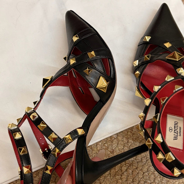 VALENTINO 26S OCKSTUD HEELS IN BLACK CALFSKIN