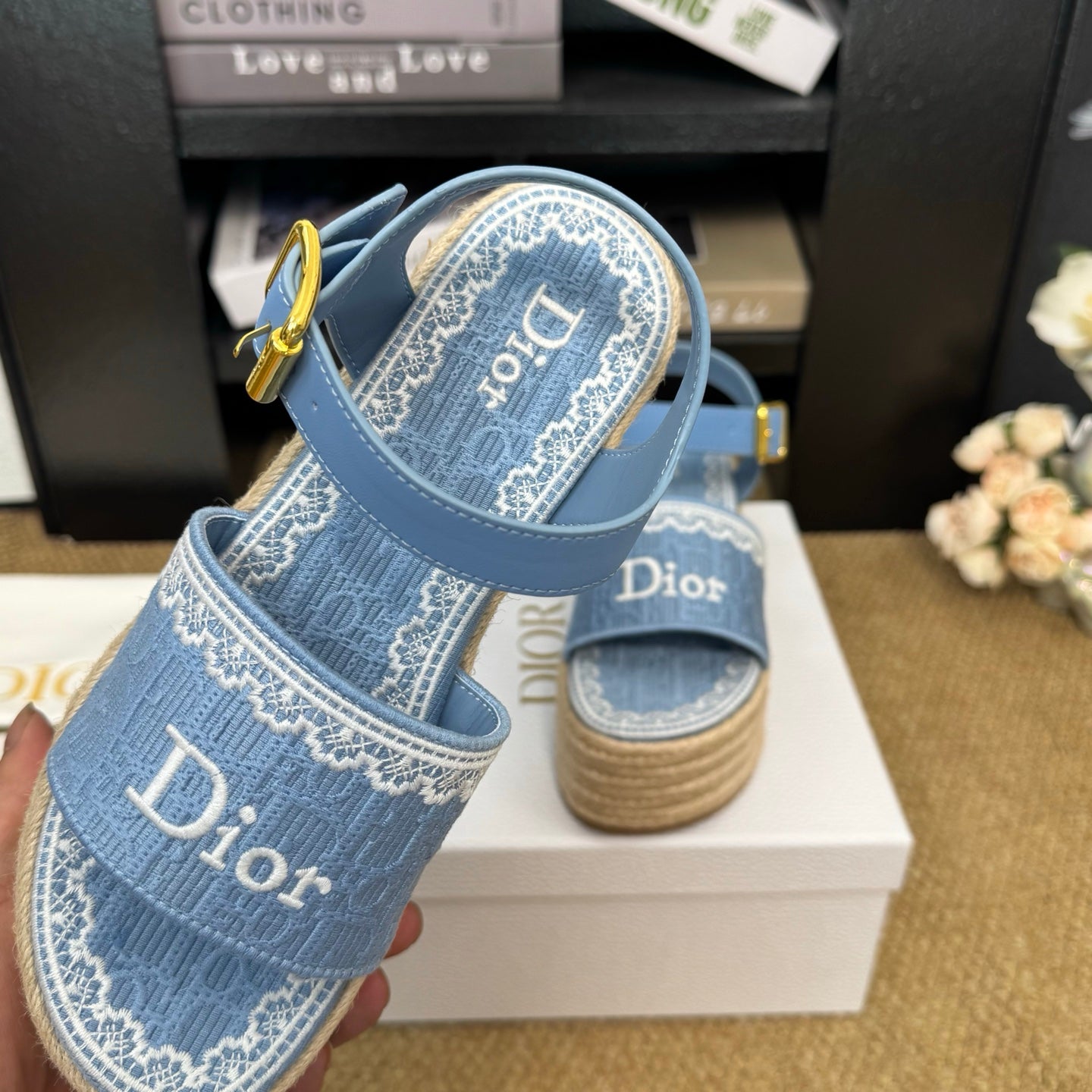 DIOR 26S ESPADRILLE WEDGE SANDAL IN BLUE DIOR OBLIQUE EMBROIDERED CANVAS