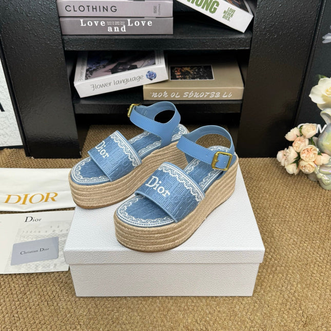DIOR 26S ESPADRILLE WEDGE SANDAL IN BLUE DIOR OBLIQUE EMBROIDERED CANVAS