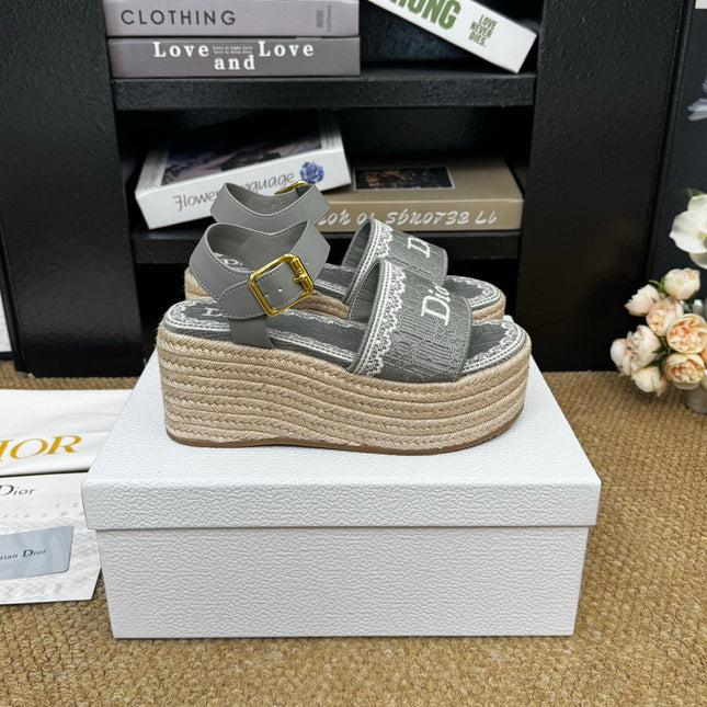 DIOR 26S ESPADRILLE WEDGE SANDAL IN GREY DIOR OBLIQUE EMBROIDERED CANVAS