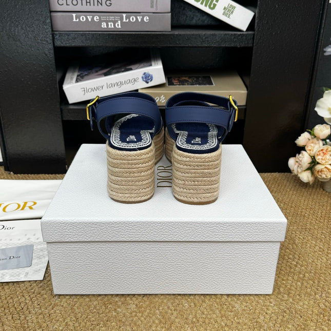 DIOR 26S ESPADRILLE WEDGE SANDAL IN NAVY BLUE DIOR OBLIQUE EMBROIDERED CANVAS