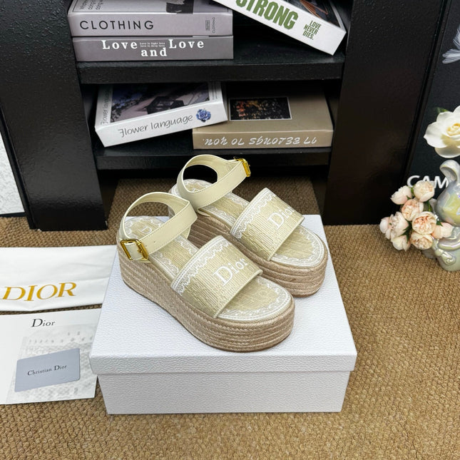 DIOR 26S ESPADRILLE WEDGE SANDAL IN BEIGE DIOR OBLIQUE EMBROIDERED CANVAS