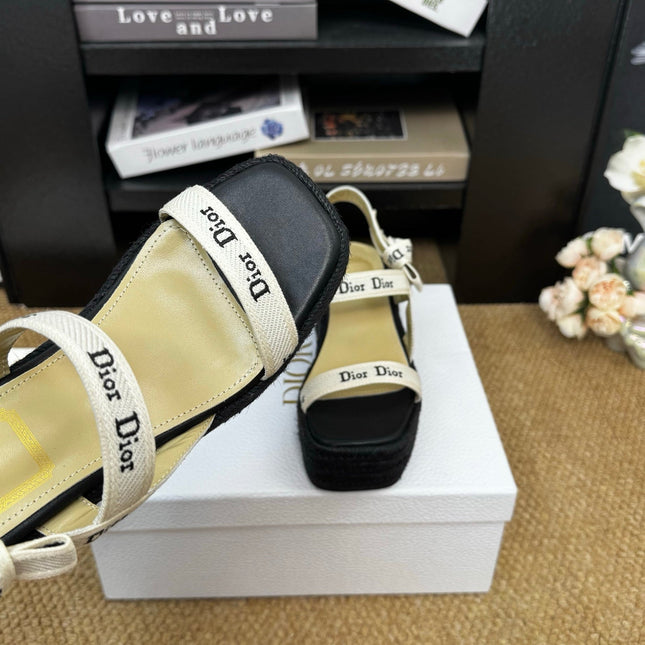 DIOR 26S ESPADRILLE WEDGE SANDAL IN BLACK CANVAS AND CALFSKIN