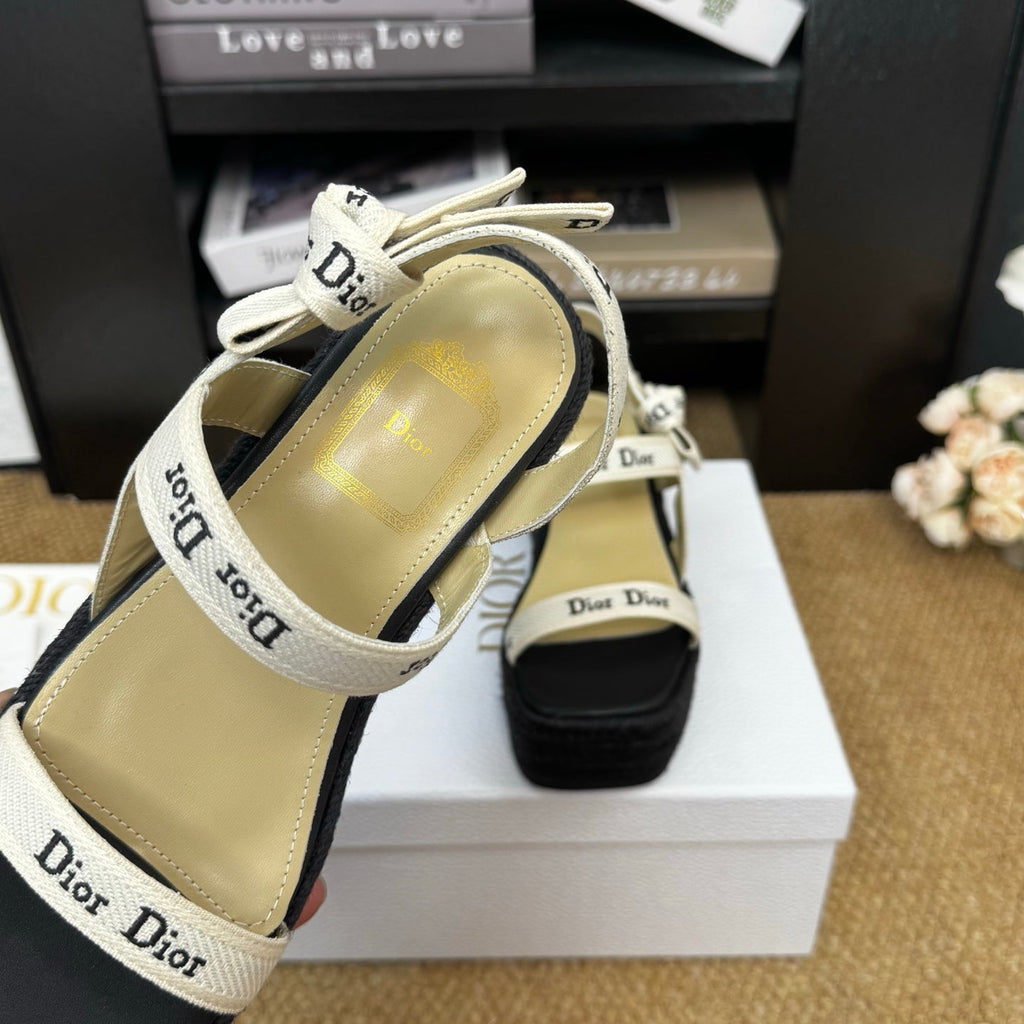 DIOR 26S ESPADRILLE WEDGE SANDAL IN BLACK CANVAS AND CALFSKIN