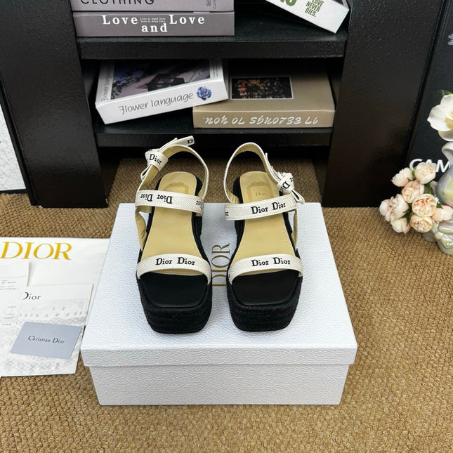 DIOR 26S ESPADRILLE WEDGE SANDAL IN BLACK CANVAS AND CALFSKIN