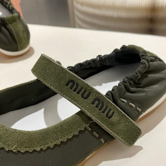 MIUMIU 26S RUCHES NAPPA BALLERINAS IN ARMY GREEN SUEDE AND FABRIC