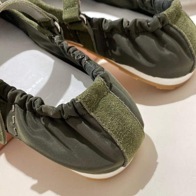 MIUMIU 26S RUCHES NAPPA BALLERINAS IN ARMY GREEN SUEDE AND FABRIC