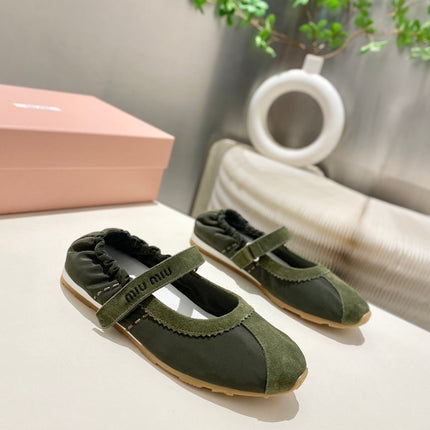 MIUMIU 26S RUCHES NAPPA BALLERINAS IN ARMY GREEN SUEDE AND FABRIC