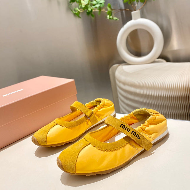 MIUMIU 26S RUCHES NAPPA BALLERINAS IN YELLOW SUEDE AND FABRIC