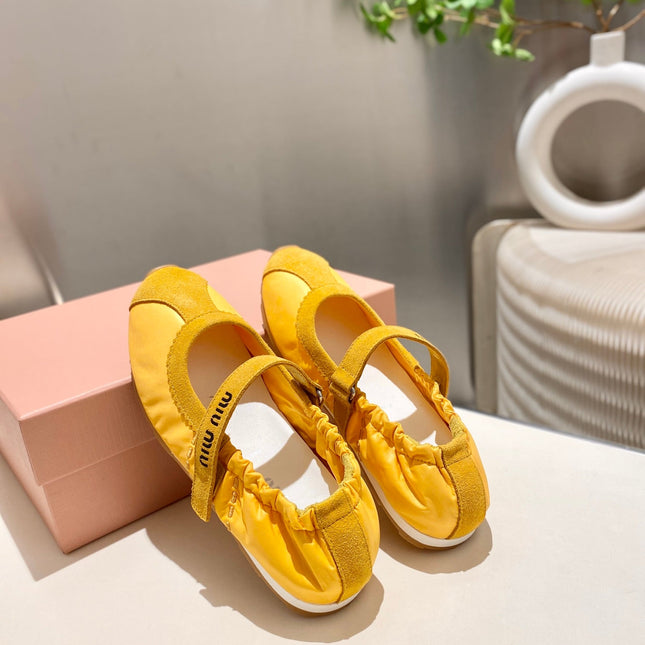 MIUMIU 26S RUCHES NAPPA BALLERINAS IN YELLOW SUEDE AND FABRIC