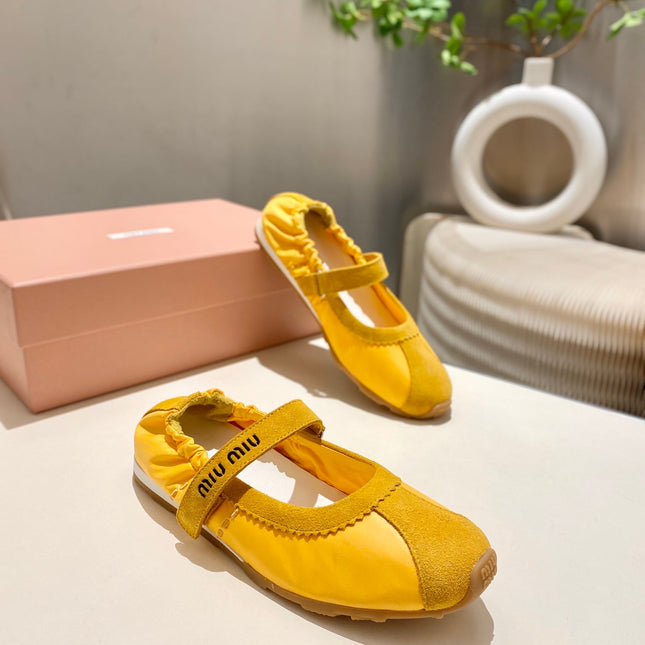 MIUMIU 26S RUCHES NAPPA BALLERINAS IN YELLOW SUEDE AND FABRIC