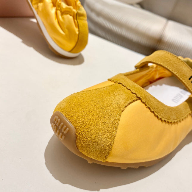 MIUMIU 26S RUCHES NAPPA BALLERINAS IN YELLOW SUEDE AND FABRIC