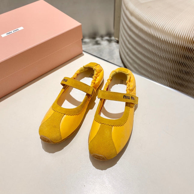 MIUMIU 26S RUCHES NAPPA BALLERINAS IN YELLOW SUEDE AND FABRIC