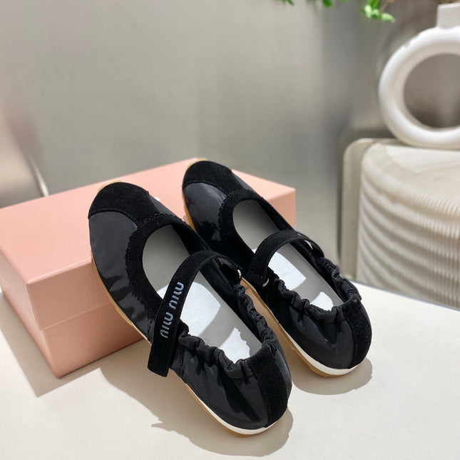 MIUMIU 26S RUCHES NAPPA BALLERINAS IN BLACK SUEDE AND FABRIC