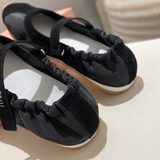 MIUMIU 26S RUCHES NAPPA BALLERINAS IN BLACK SUEDE AND FABRIC