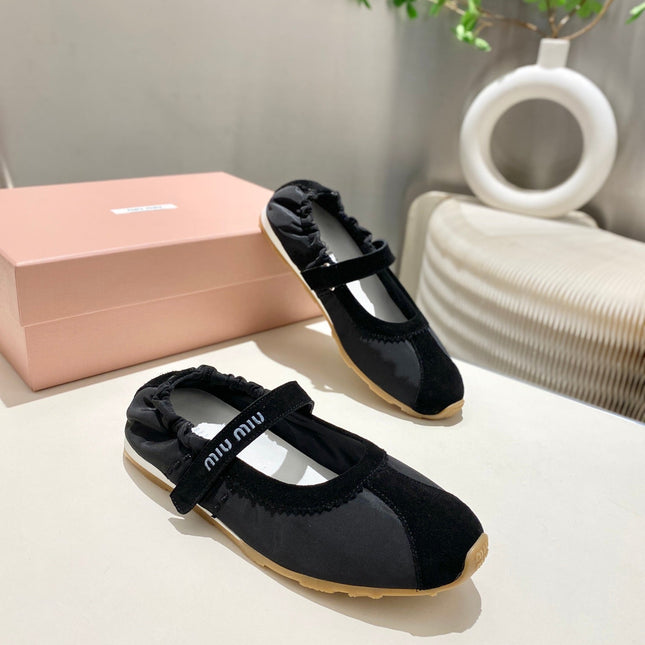 MIUMIU 26S RUCHES NAPPA BALLERINAS IN BLACK SUEDE AND FABRIC