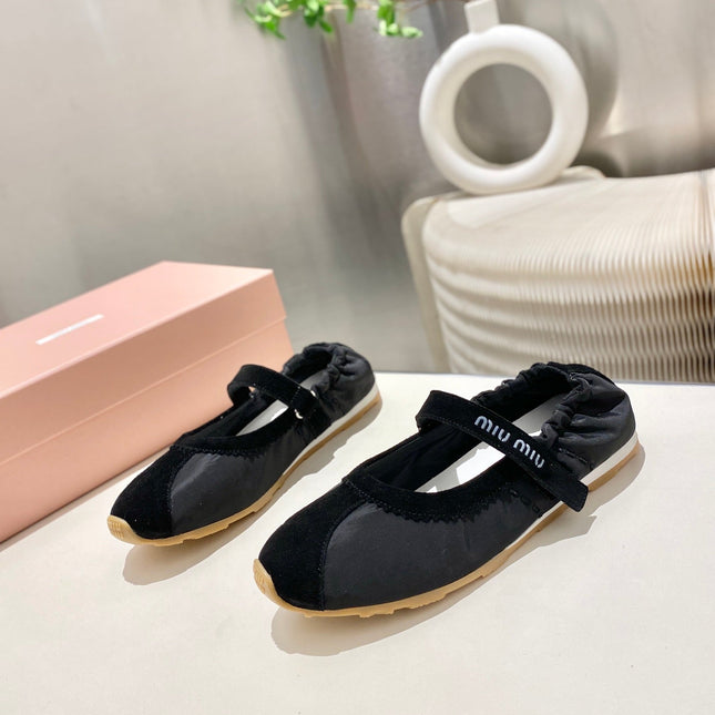 MIUMIU 26S RUCHES NAPPA BALLERINAS IN BLACK SUEDE AND FABRIC