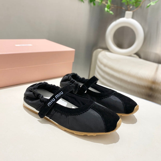 MIUMIU 26S RUCHES NAPPA BALLERINAS IN BLACK SUEDE AND FABRIC