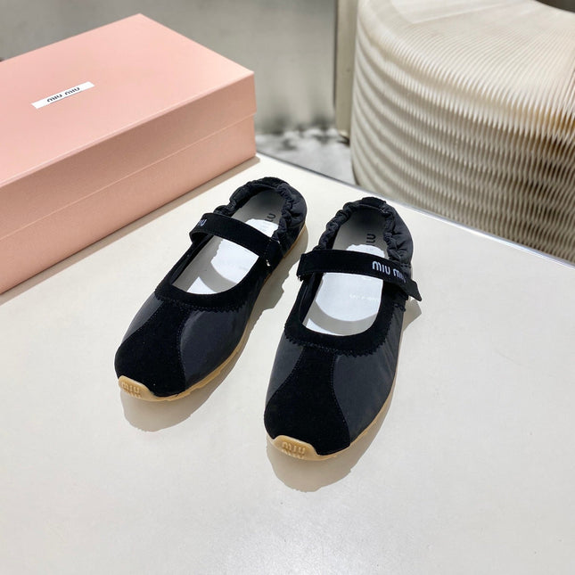 MIUMIU 26S RUCHES NAPPA BALLERINAS IN BLACK SUEDE AND FABRIC