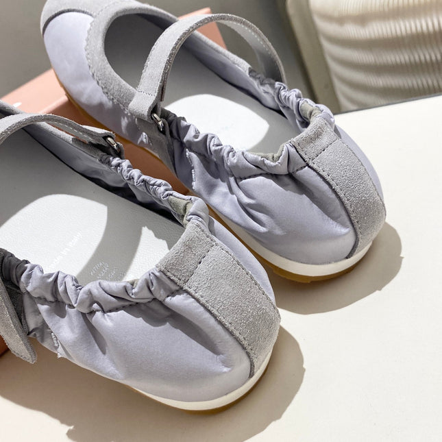 MIUMIU 26S BALLERINAS IN LILAC GREY FABRIC AND SUEDE