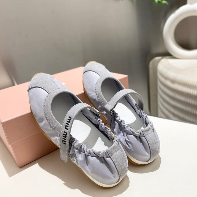 MIUMIU 26S BALLERINAS IN LILAC GREY FABRIC AND SUEDE