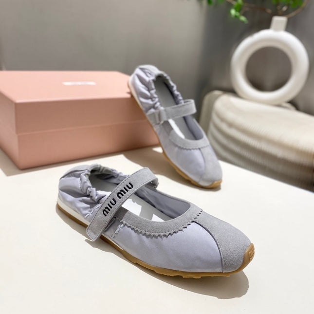MIUMIU 26S BALLERINAS IN LILAC GREY FABRIC AND SUEDE