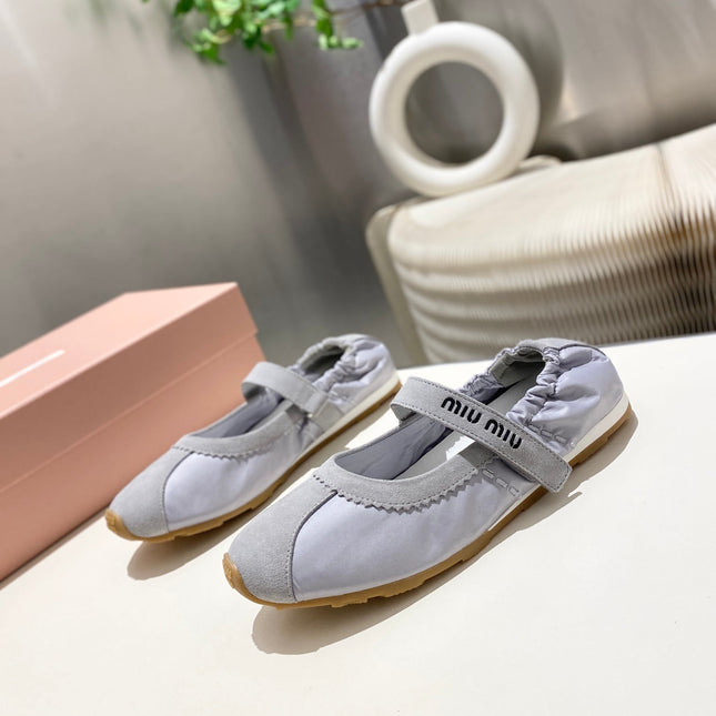MIUMIU 26S BALLERINAS IN LILAC GREY FABRIC AND SUEDE