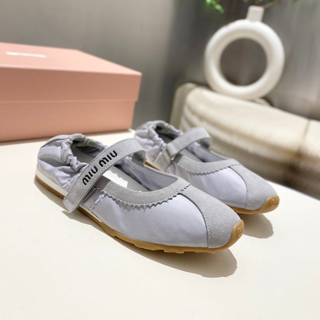 MIUMIU 26S BALLERINAS IN LILAC GREY FABRIC AND SUEDE