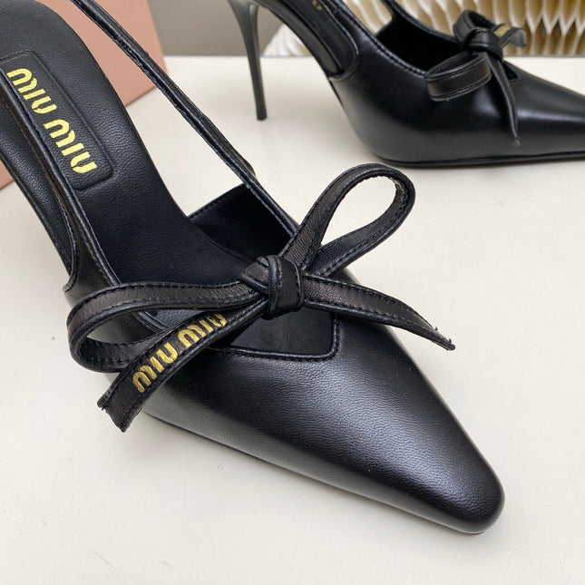 MIUMIU 26S SLINGBACK PUMPS 105MM IN BLACK CALFSKIN WITH BOW