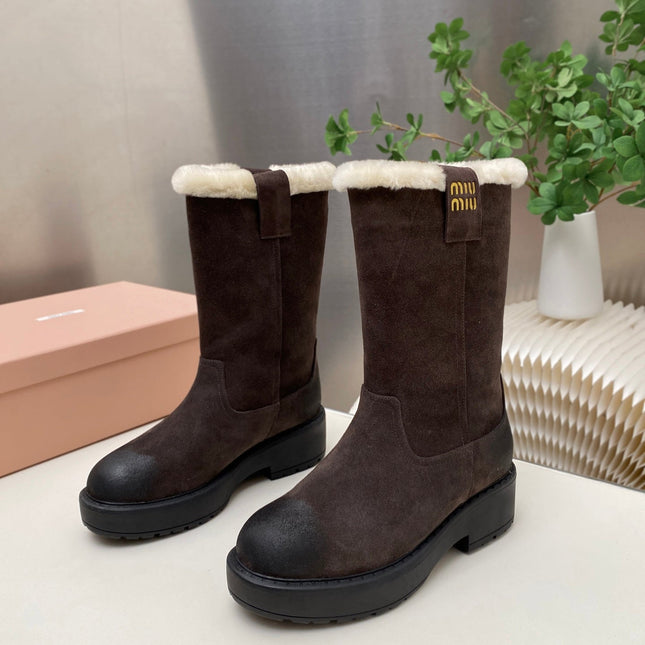 MIUMIU 26S MID CALF BOOT IN DARK BROWN  SUEDE AND SHEARLING